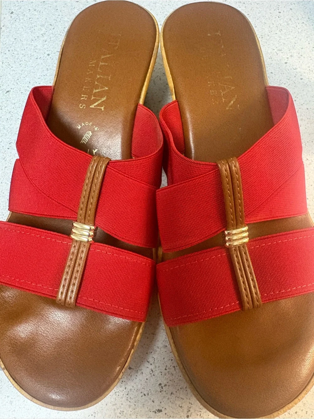 Italian Shoemaker Red Wedge Slide Sandals with Brown Footbed